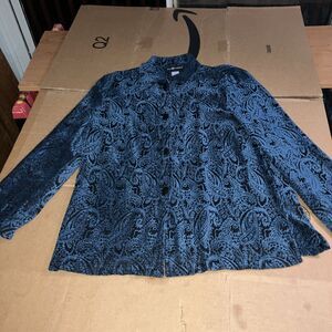 Sag Harbor Womens Size 12 Tapestry Shirt Blouse Jacket, Blue Black Paisley Print